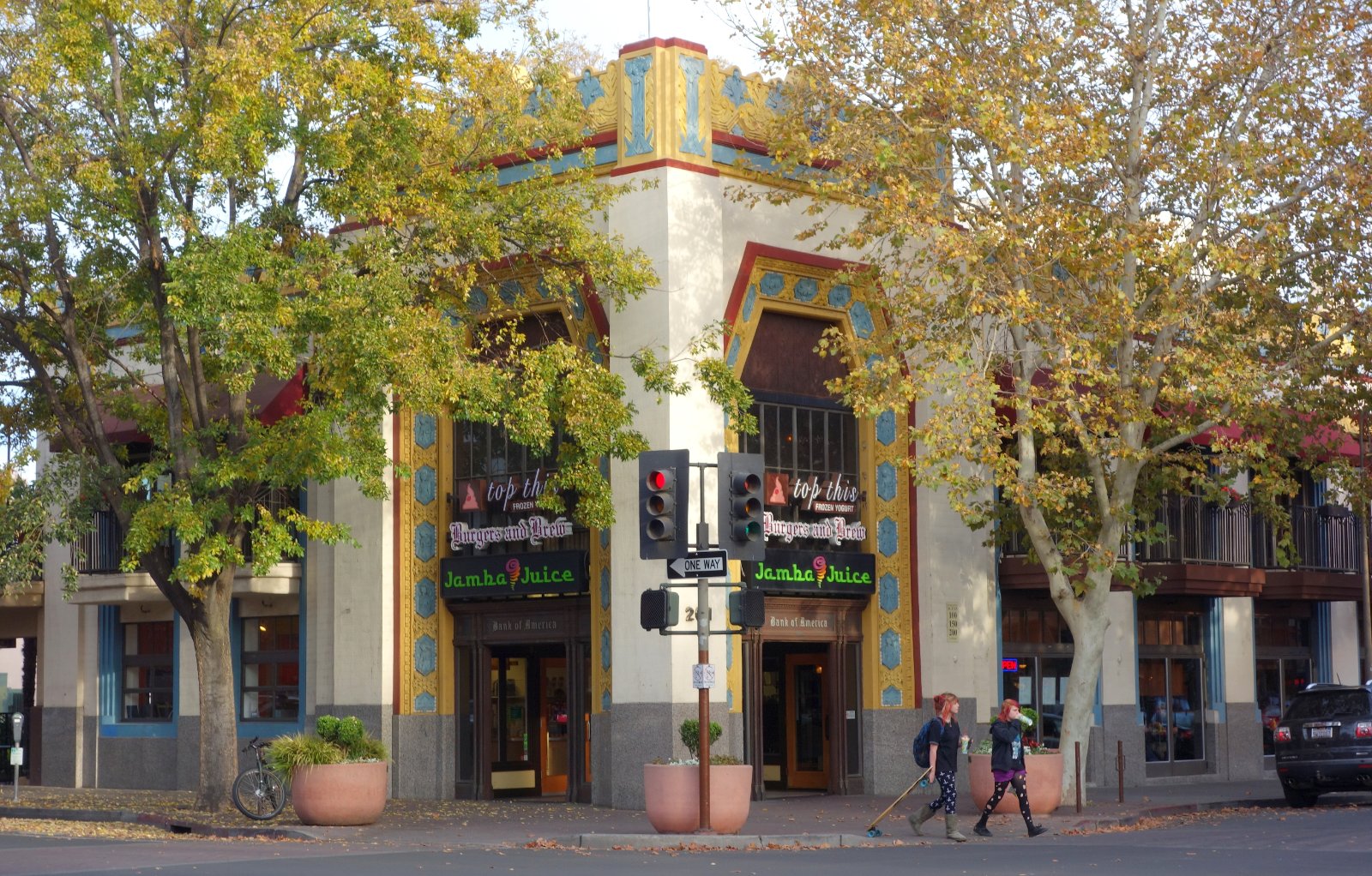 Corner building on Broadway Street in downtown Chico, California, with metered street parking where Halo plans the legal truck loading position