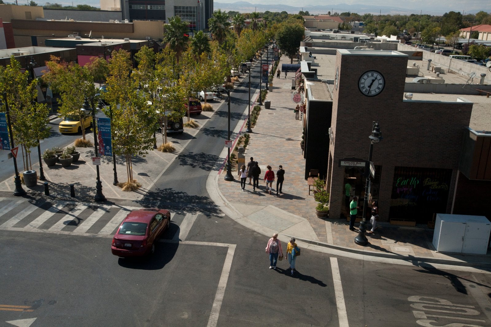The BLVD in downtown Lancaster, California, with angled curb parking and storefronts where California Movers USA plans the loading position and move window