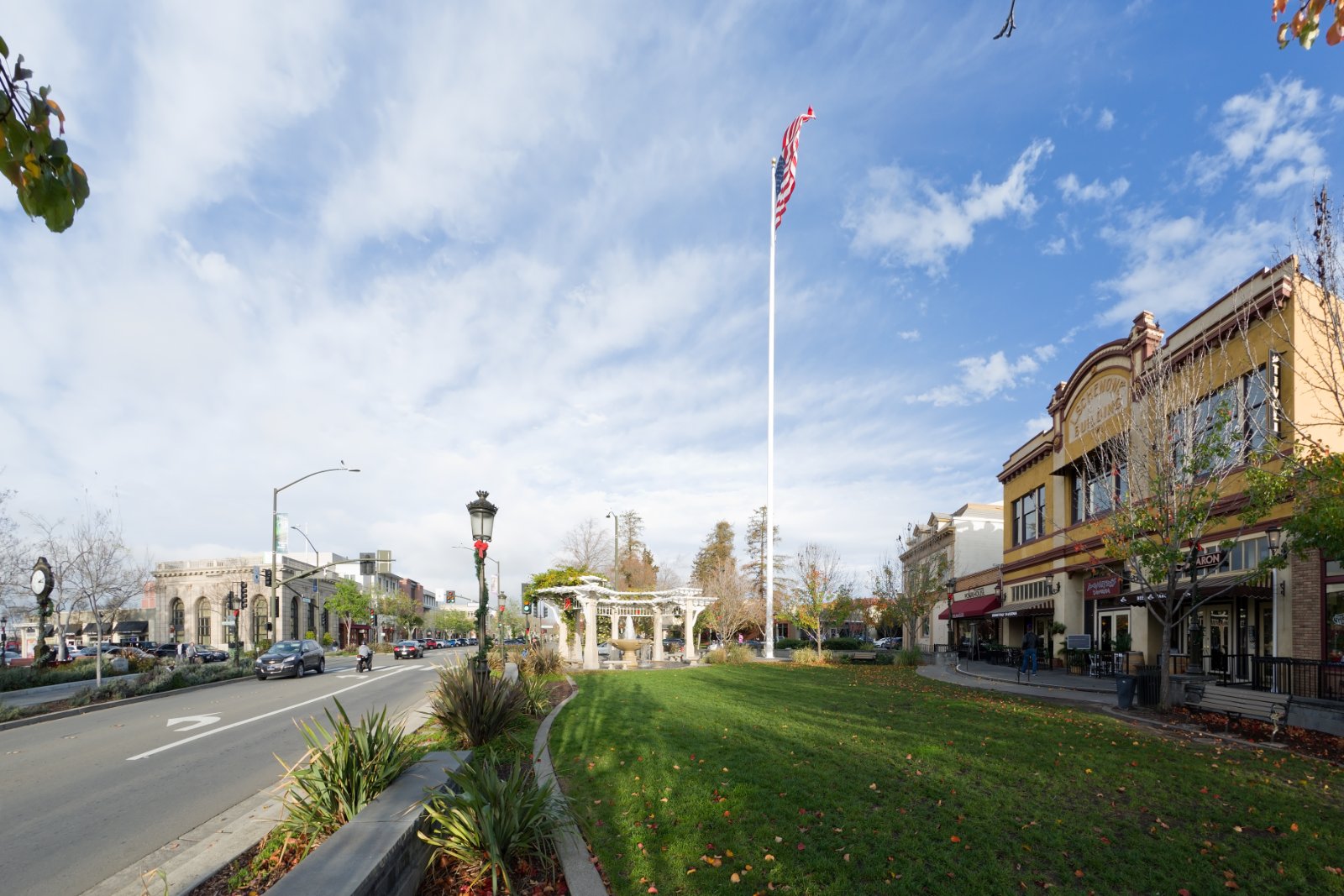 Street through downtown Livermore, California, with shopfronts and curb parking where Halo California Movers confirms the loading position and move window