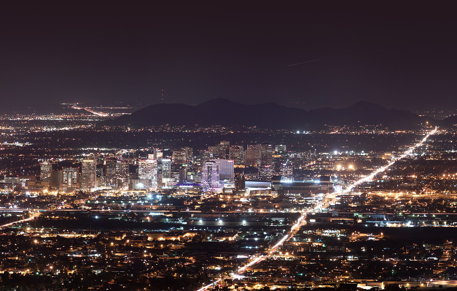 Downtown Phoenix skyline lit up at night