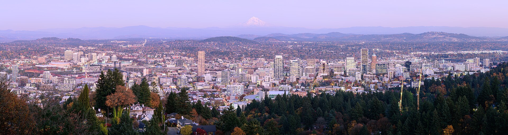 Portland, Oregon skyline with Mount Hood behind it