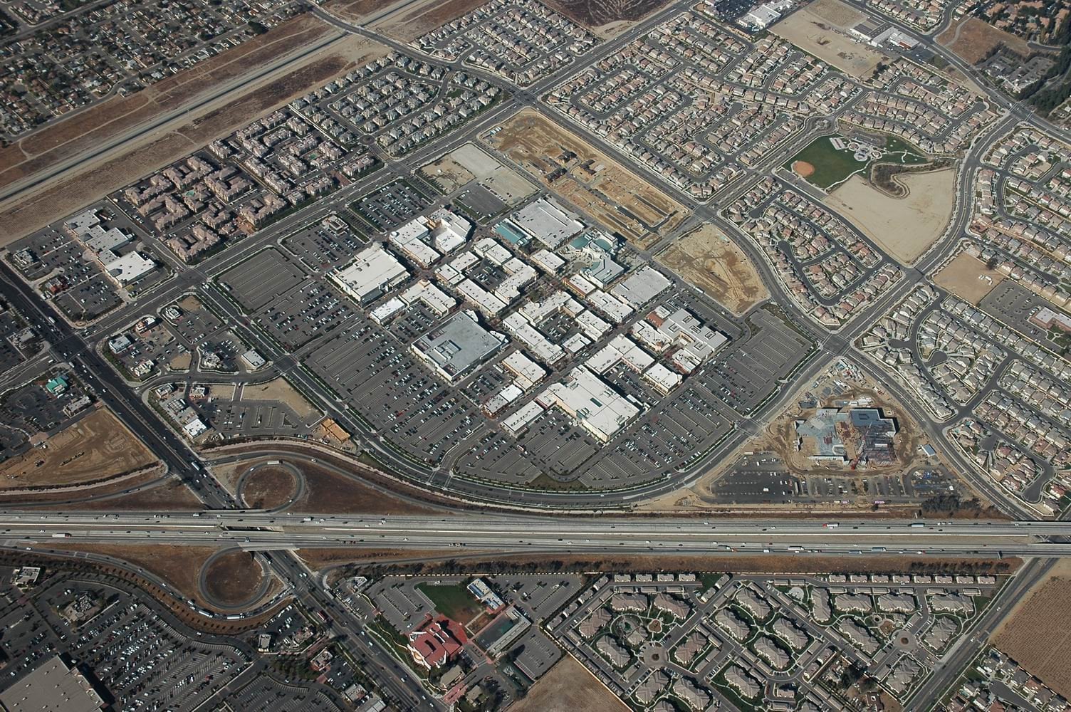Aerial view of the Victoria Gardens shopping and residential district in Rancho Cucamonga, California
