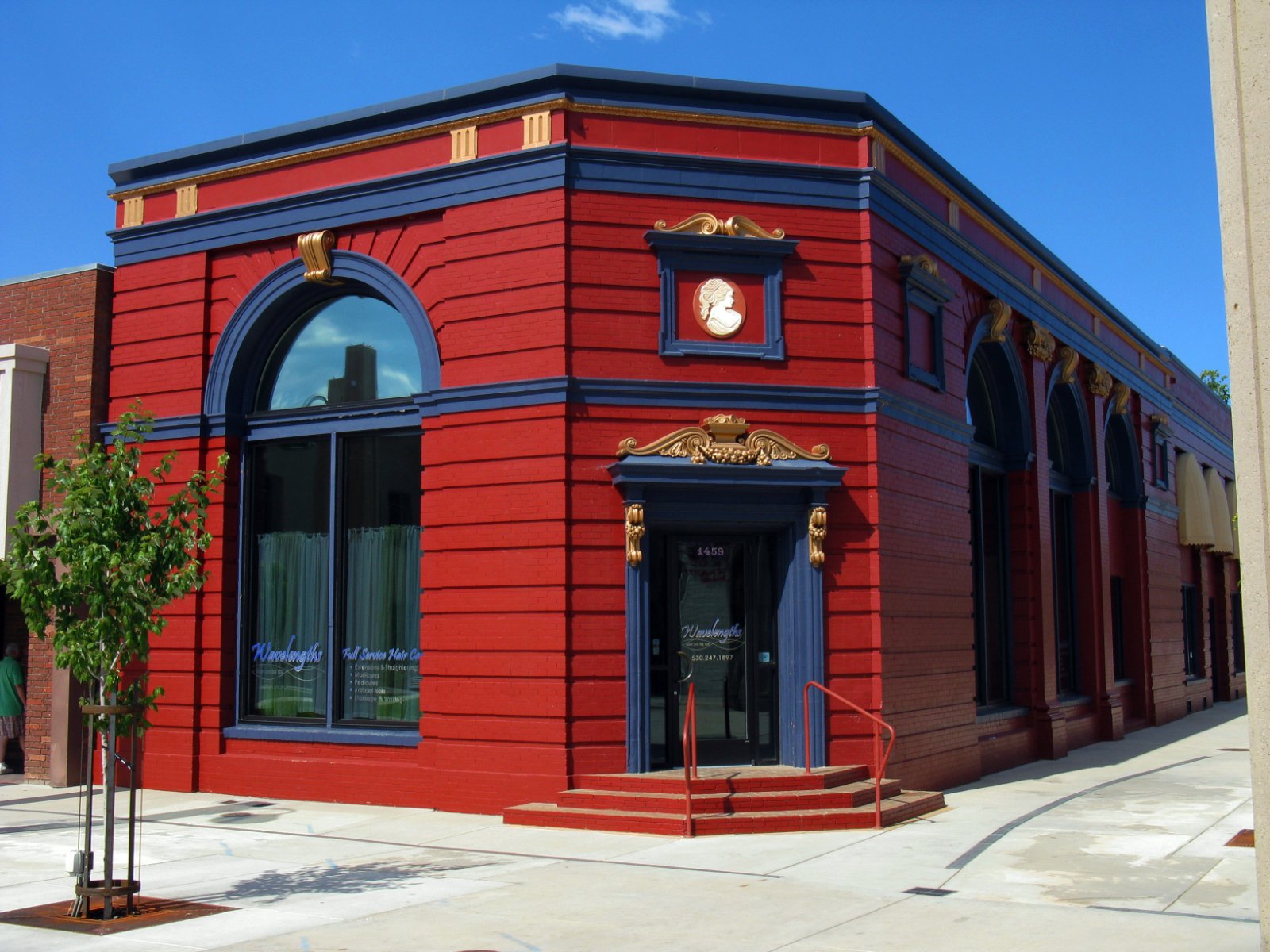 Historic Old Shasta County Bank building on a street corner in downtown Redding, California