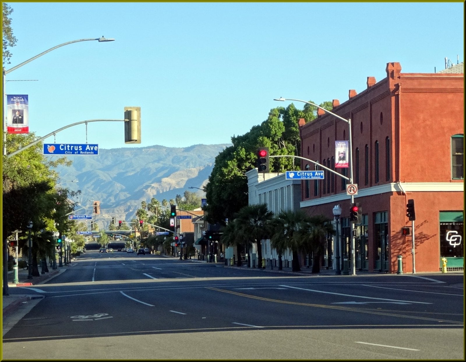 Orange Street in downtown Redlands, California, looking north toward the I-10 overpass on a quiet morning