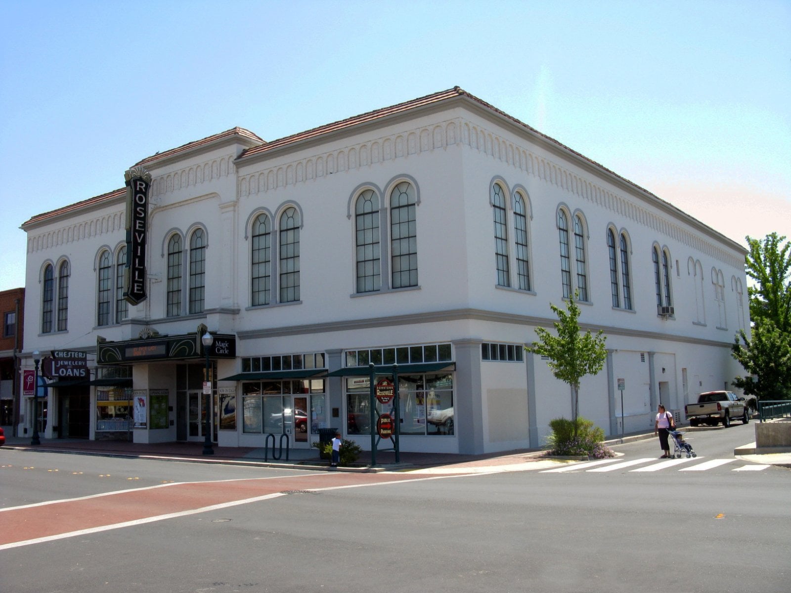 Historic Masonic Temple and Roseville Theatre buildings on a street corner in Roseville, California