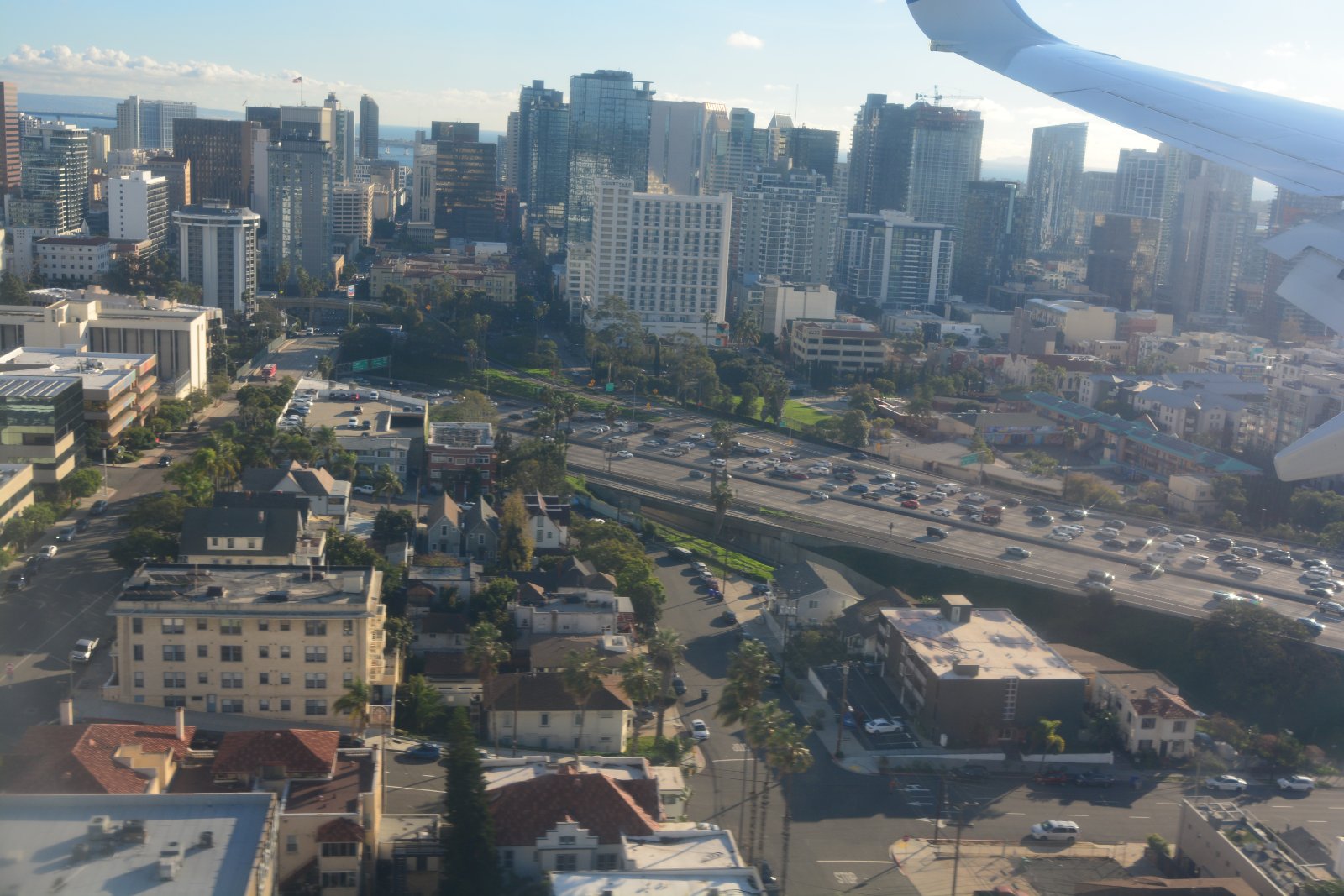 Aerial view of downtown San Diego, California, looking south across Interstate 5 between Front Street and First Avenue