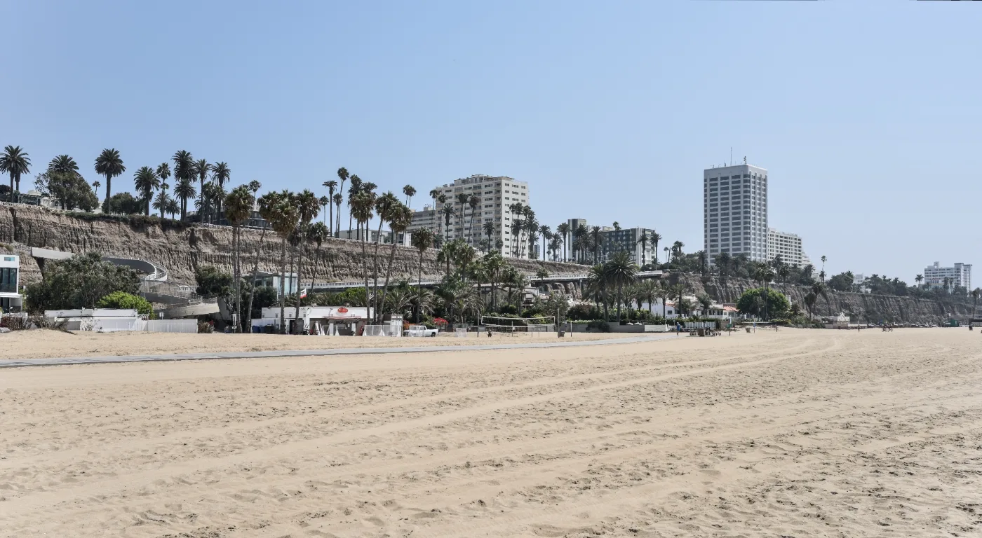 Santa Monica coastal bluffs above the beach, with residential blocks behind