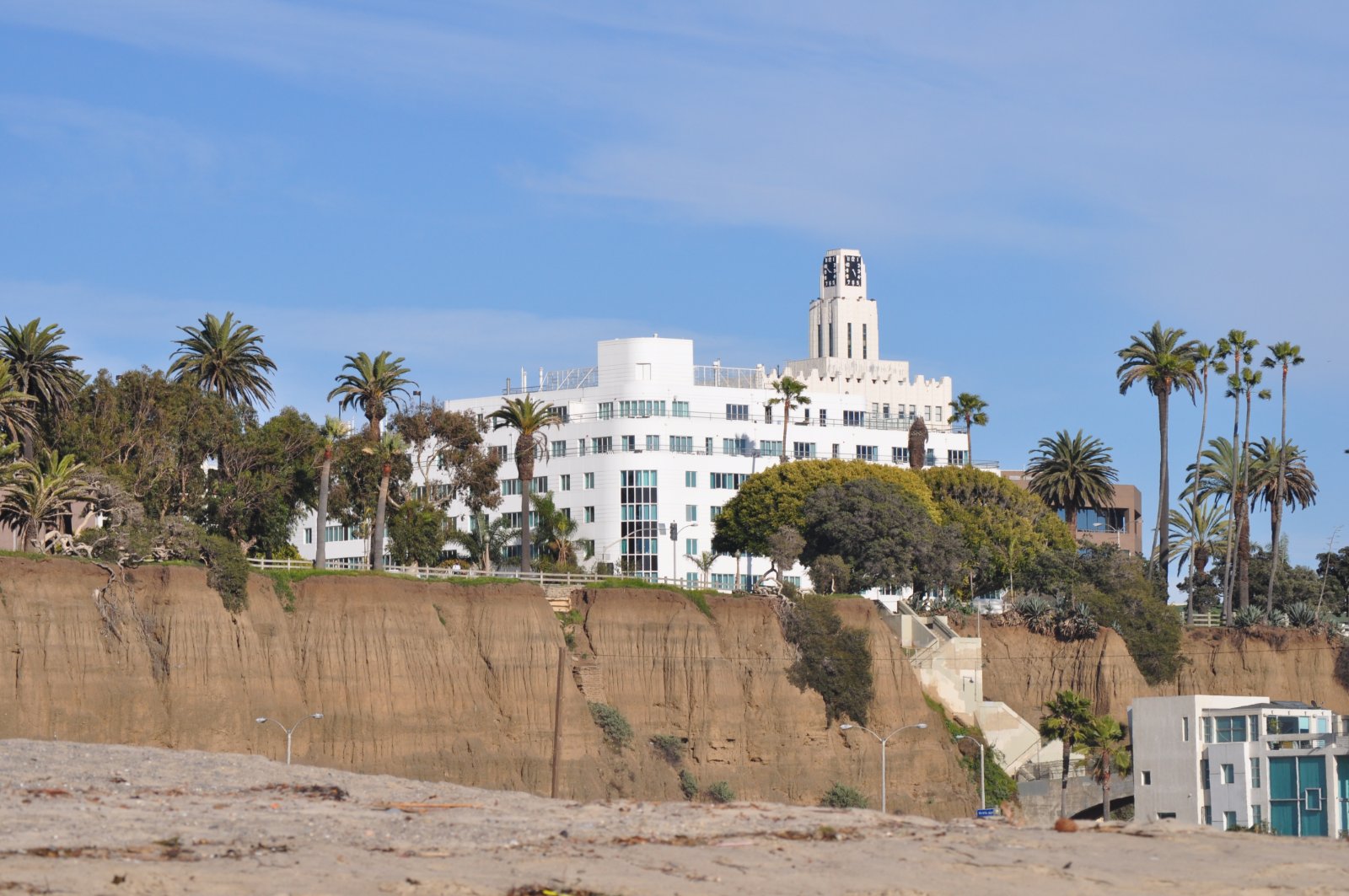 The historic Bay Cities Guaranty Building tower in downtown Santa Monica, California