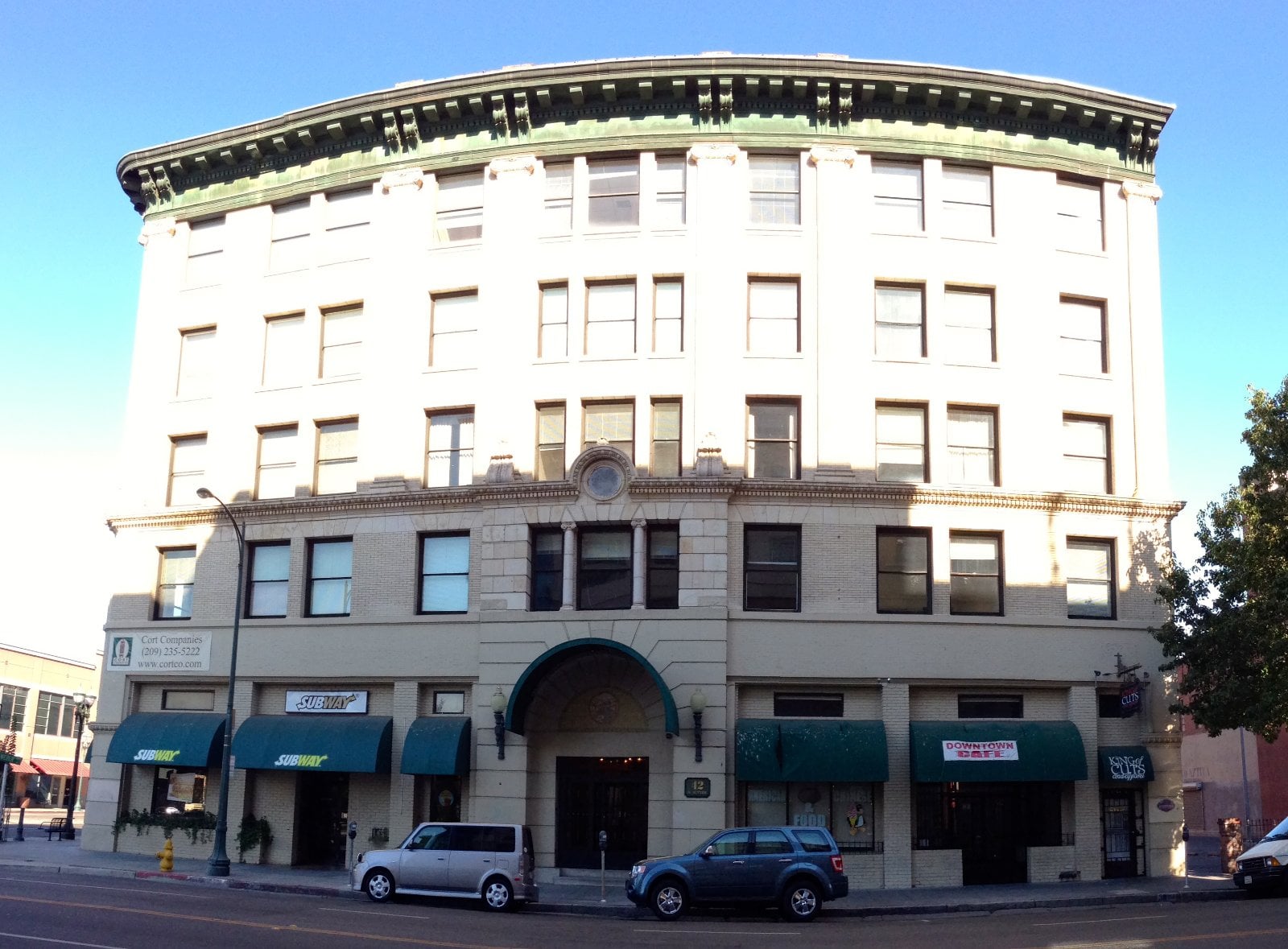 The historic Elks Building on a street corner in downtown Stockton, California