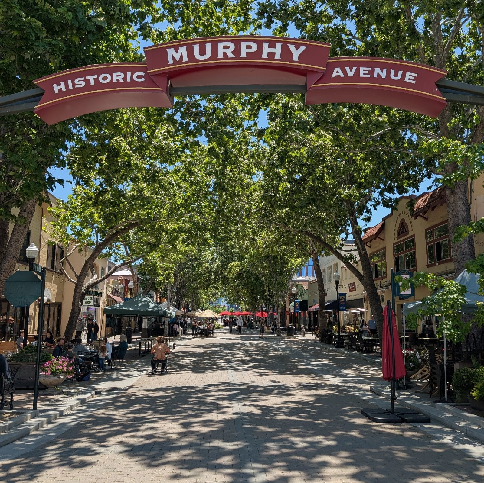 Historic Murphy Avenue in downtown Sunnyvale, California, lined with low storefronts