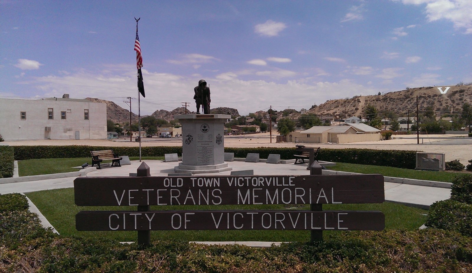 The veterans' memorial at Seventh Street and Forrest Avenue in Old Town Victorville, California